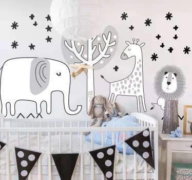 Gray tree and jungle animals wild animal decal - TenStickers