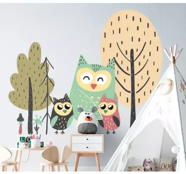 Colorful owls in tree wild animal decal - TenStickers