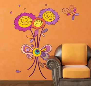 Mor çiçekler ve kelebek duvar çıkartması - TenStickers