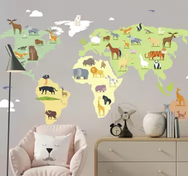 Sticker Carte du Monde Animaux colorés des continents - TenStickers