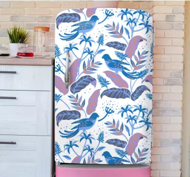 Autocolant frigider păsări albastre și roz pe frunze - TenStickers