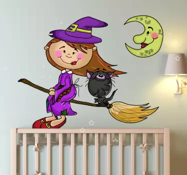 Naklejka dziecięca czarownica, kot i księżyc - TenStickers