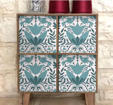 Blue folk art pattern with bird furniture decal - TenStickers