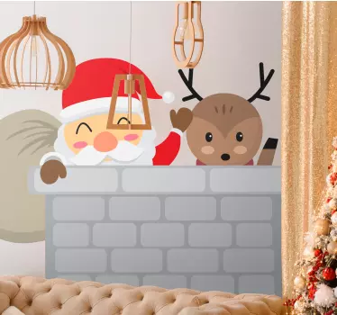 Peeking Santa And Reindeer christmas decal - TenStickers