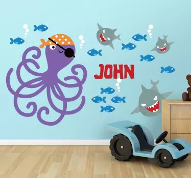 Octopus Pirate Personalised Name Sticker - TenStickers