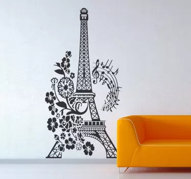 Floral and Musical Eiffel Tower Wall Sticker - TenStickers