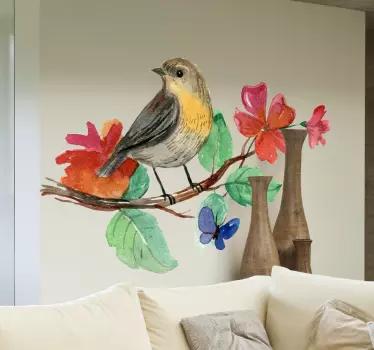Vinilo decorativo pájaro rama acuarela - TenVinilo