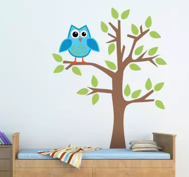 Blue Owl On Tree Kids Sticker - TenStickers