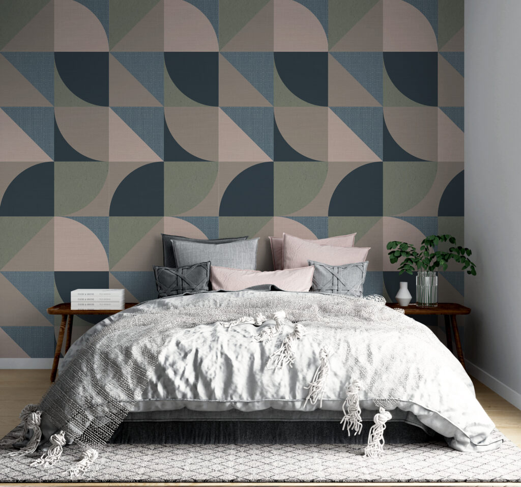 Papel pintado dormitorio cabecero geométrico